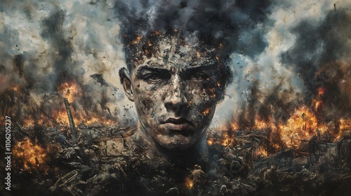 Dramatic Portrait of a Young Male Amidst a Fiery Battlefield Scene, Capturing the Emotion and Chaos of War Through Dark Artistic Imagery