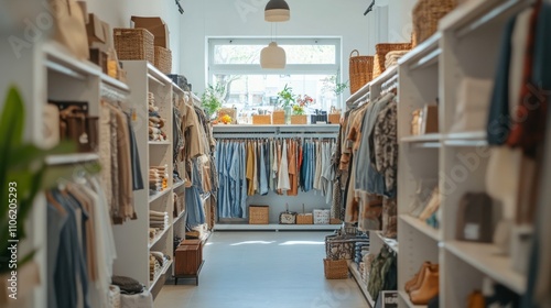 Colorful clothing displayed in a bright boutique with cozy decor and natural ...