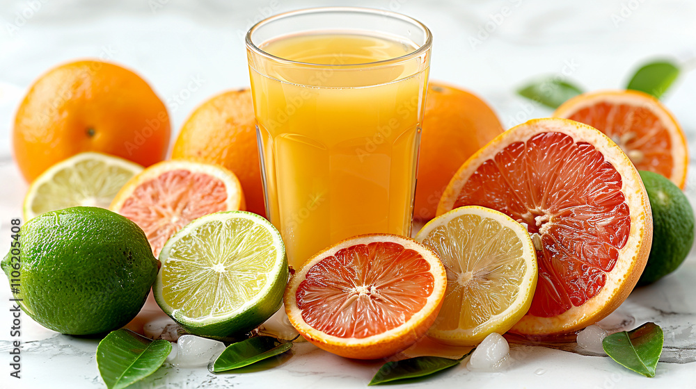 Refreshing citrus drink surrounded by vibrant fruits at a sunny kitchen table Refreshing citrus drink surrounded by vibrant fruits at a sunny kitchen table