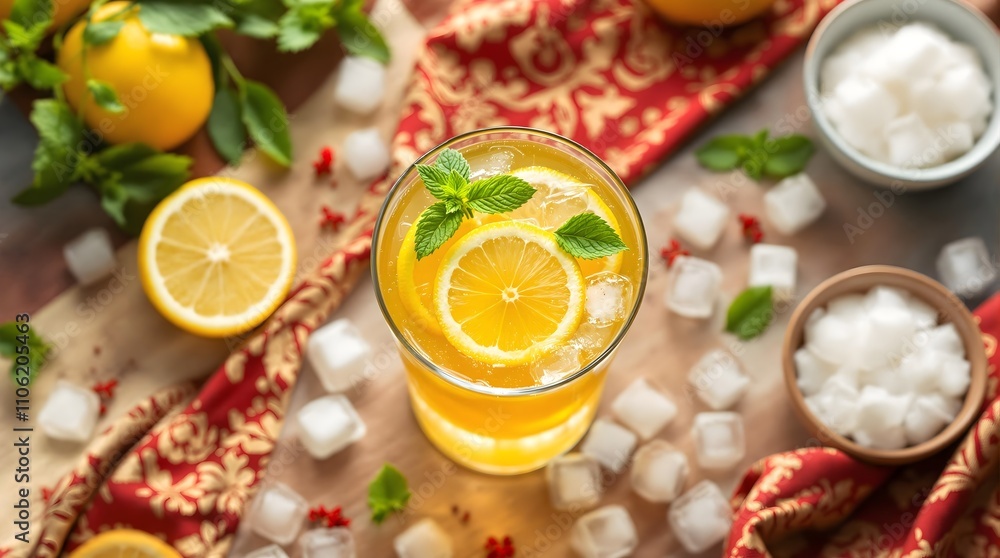 Limon Sharbat with Fresh Lemon and Mint Garnish (Uzbekistan Cuisine) Limon Sharbat with Fresh Lemon and Mint Garnish (Uzbekistan Cuisine)