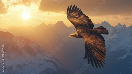 Eagle soaring over mountain range at sunset displays natural beauty and freedom