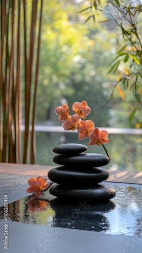 Relaxing spa setting with stacked stones and orchids in tranquil water
