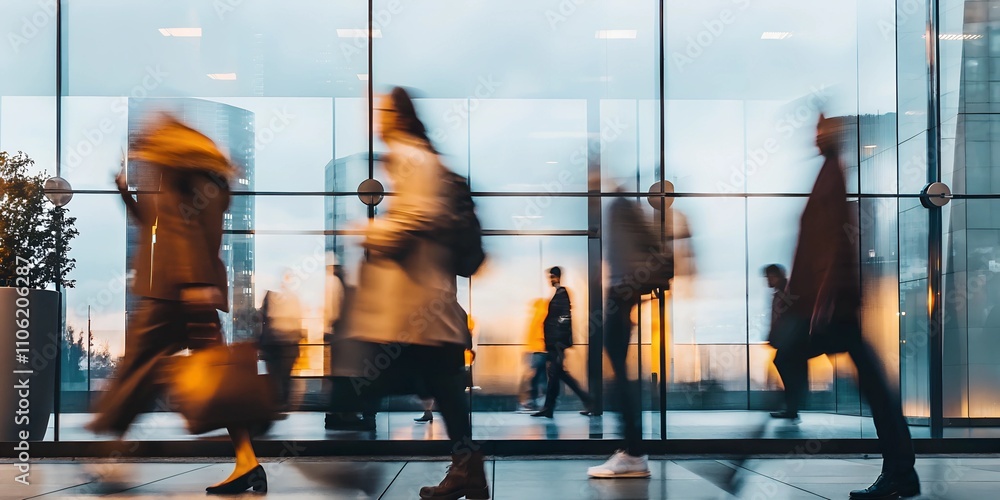 A busy urban setting with blurred motion of pedestrians walking in ...