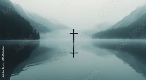Cross stands in tranquil lake surrounded by mist and mountains at dawn