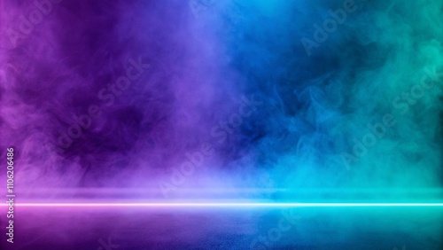 Neon lights illuminate a dark room filled with smoke, creating an abstract and colorful concert stage atmosphere.