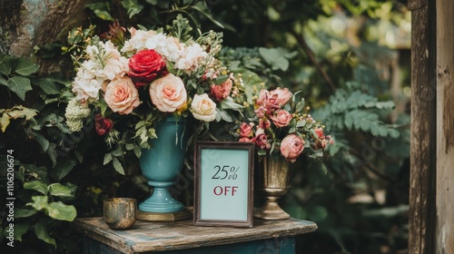 Floral Arrangement Displaying a 25% Off Sale Sign Amidst Lush Greenery and Rustic Decor