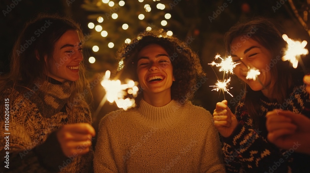 Happy group of friends celebrating with sparklers diverse nationalities cozy sweaters minimalistic background with festive lighting Happy group of friends celebrating with sparklers diverse nationalities cozy sweaters minimalistic background with festive lighting