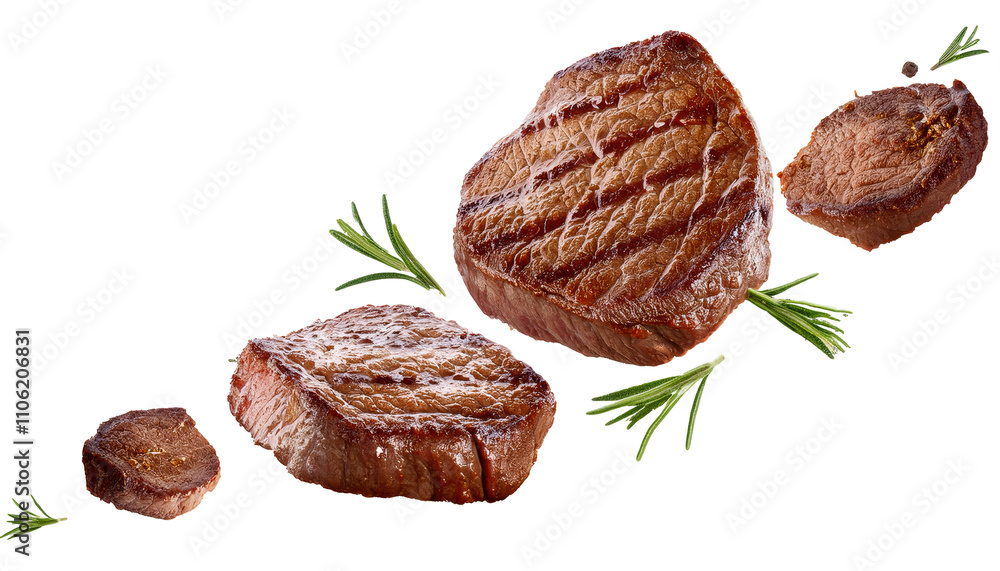 Succulent beef steaks in motion on a white background, highlighting a barbecue concept with a sense of action Succulent beef steaks in motion on a white background, highlighting a barbecue concept with a sense of action