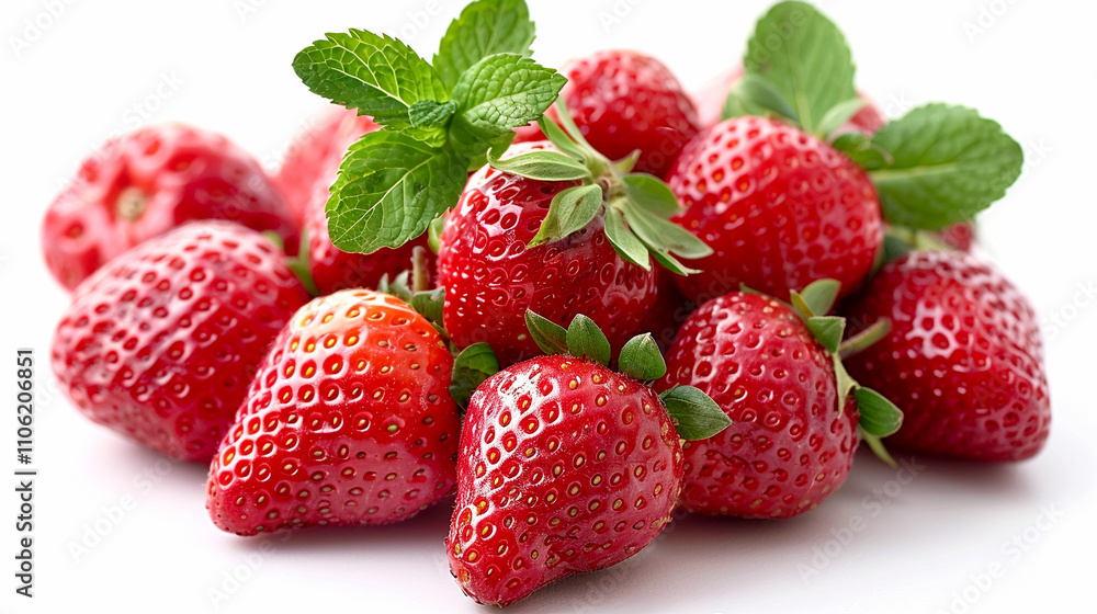 Freshly picked strawberries with vibrant green mint leaves arranged beautifully Freshly picked strawberries with vibrant green mint leaves arranged beautifully