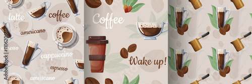 Seamless pattern website design with glass cups and Turks. Vector illustration of a pattern on a coffee theme