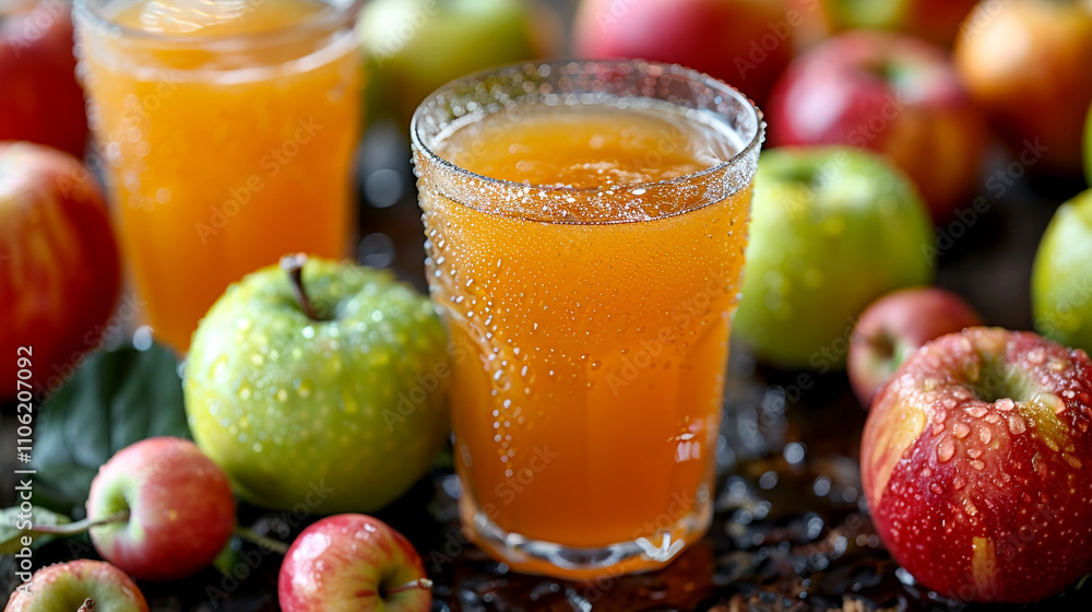 Refreshing apple juice garnished with fresh apples during a sunny harvest afternoon