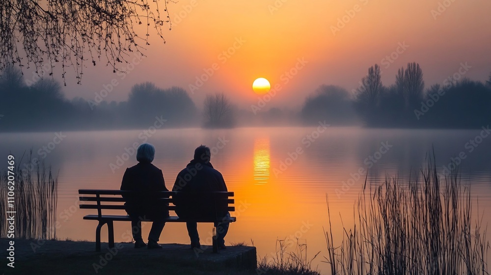 Couple silhouetted on bench watching sunset over lake. Couple silhouetted on bench watching sunset over lake.