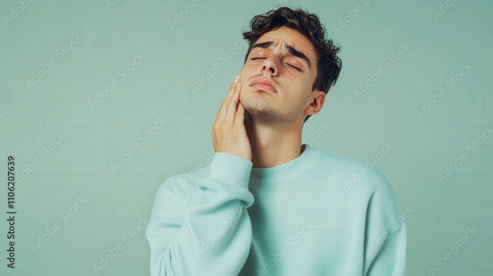 Fototapeta premium young man in a light blue sweater clutching his throat in discomfort plain light green background studio lighting with soft shadows minimalist theme