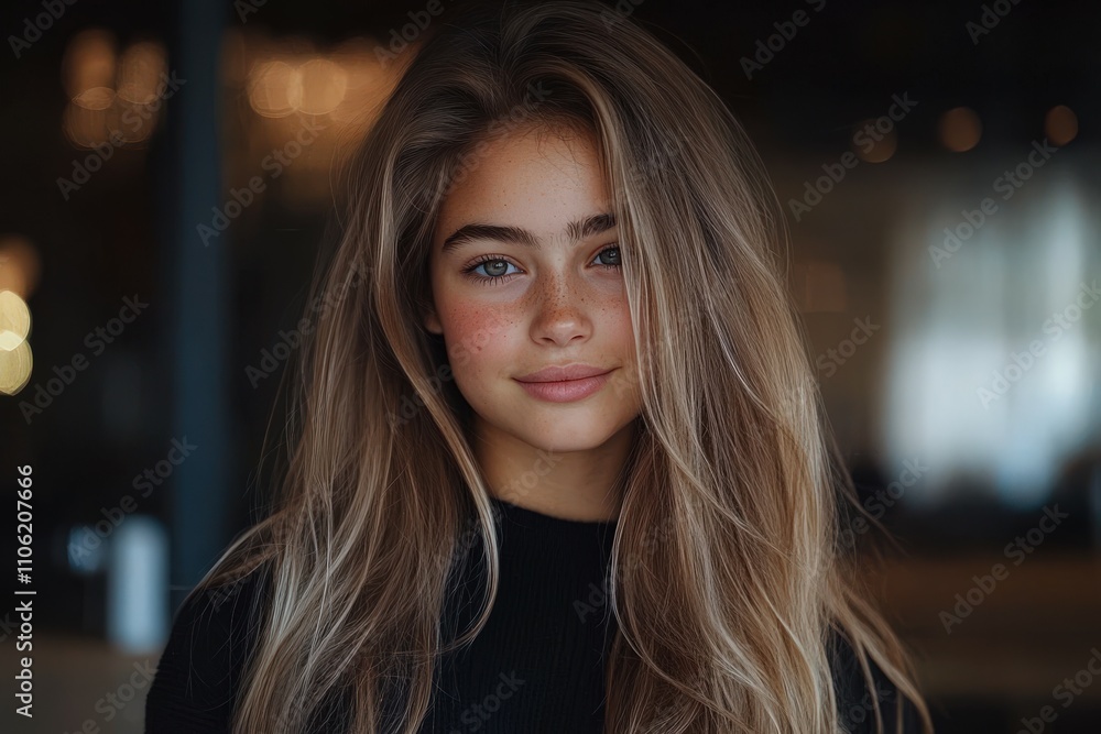 Young girl with long hair poses indoors with soft lighting Young girl with long hair poses indoors with soft lighting