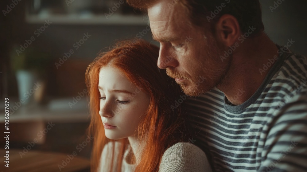 man in striped shirt comforting a red-haired girl sitting at a table soft morning light in a cozy home interior blurred furniture in the background man in striped shirt comforting a red-haired girl sitting at a table soft morning light in a cozy home interior blurred furniture in the background
