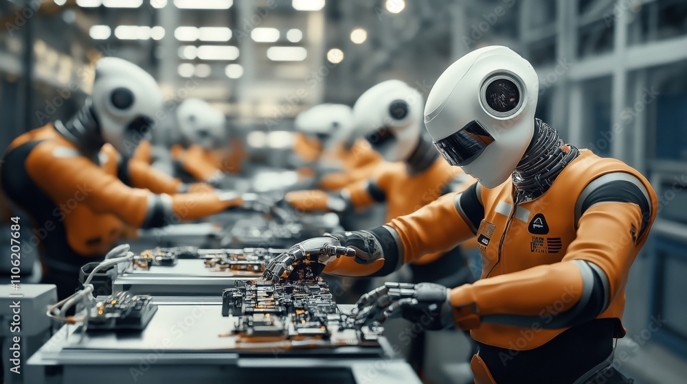 Robot workers assembling electronic components in a high-tech factory environment, wearing orange uniforms. Automated robotics manufacturing setting with advanced technology. Robot workers assembling electronic components in a high-tech factory environment, wearing orange uniforms. Automated robotics manufacturing setting with advanced technology.