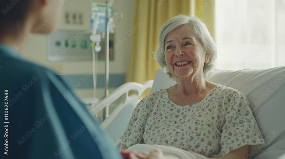 Elderly woman in a hospital bed smiling while talking to a nurse bright medical room with natural light supportive atmosphere Elderly woman in a hospital bed smiling while talking to a nurse bright medical room with natural light supportive atmosphere