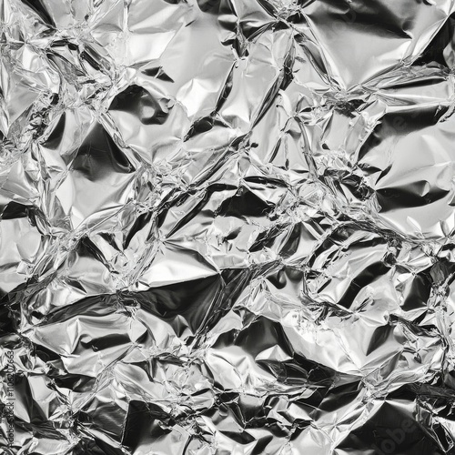 Crumpled metallic foil surface creating reflections and textures in bright light