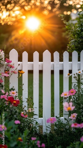 Beautiful sunset lighting up a garden path surrounded by vibrant flowers and ...