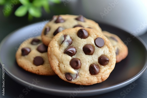 Freshly baked chocolate chip cookies arranged on a slate surface with scatter...