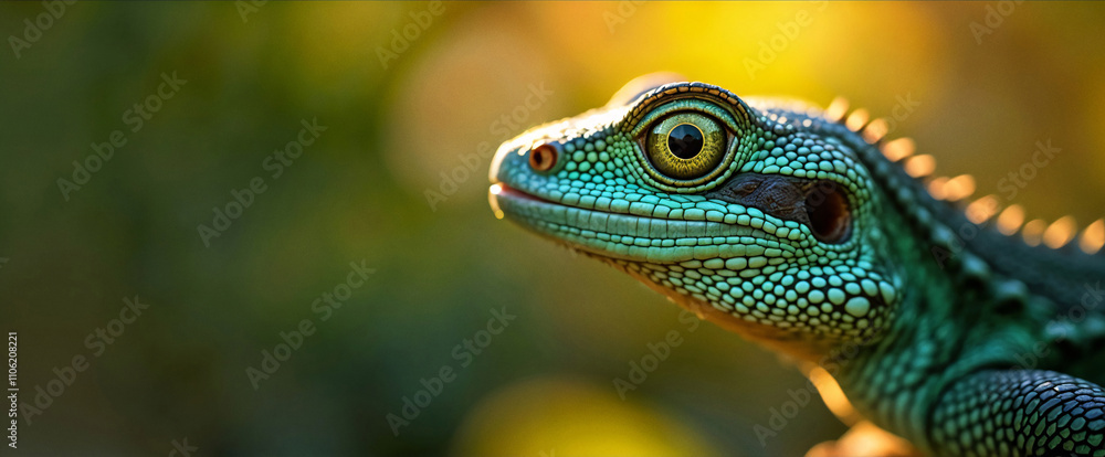 Obraz premium Close-up of Green Lizard with Intricate Scale Details in Natural Environment. Macro photography with blurred background copy space.
