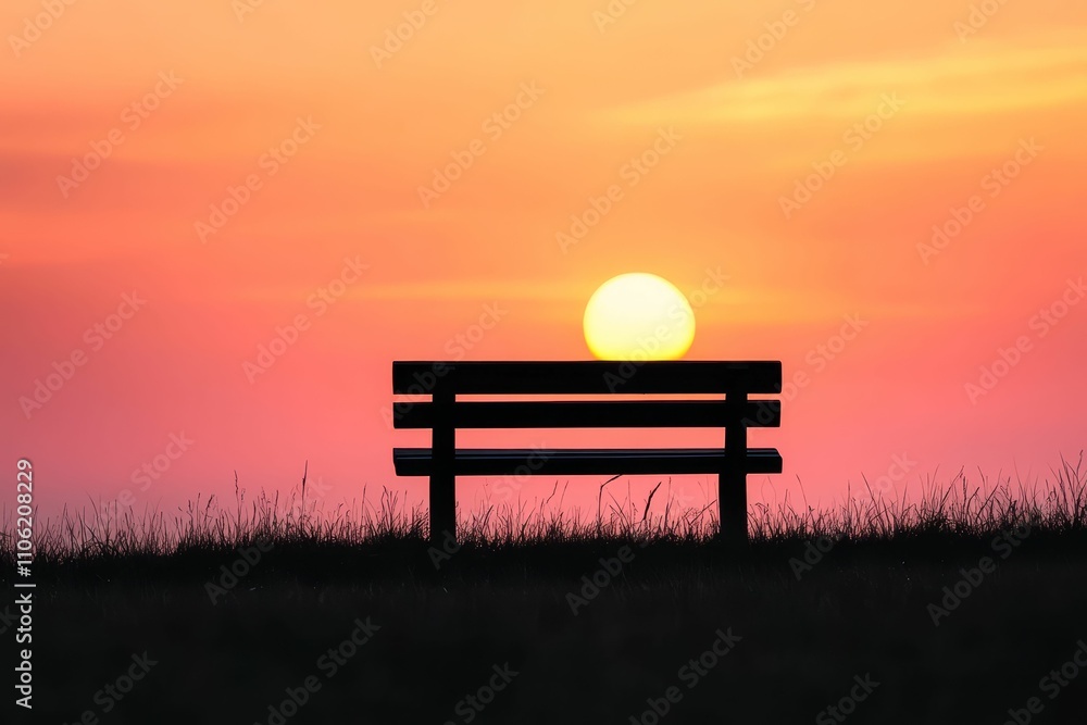 Silhouetted bench, sunset, vibrant sky, grassy field. Silhouetted bench, sunset, vibrant sky, grassy field.