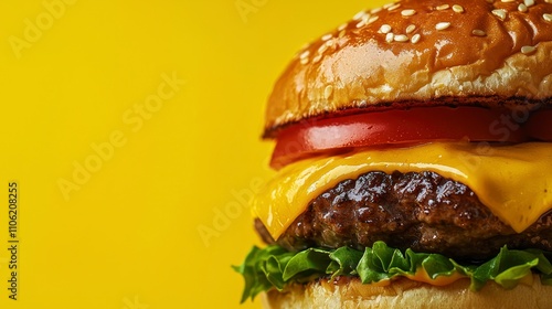 Close-up of a cheeseburger with a yellow background photo