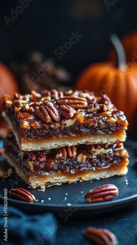 Pecan treats with caramelized topping on a decorative plate surrounded by pum...