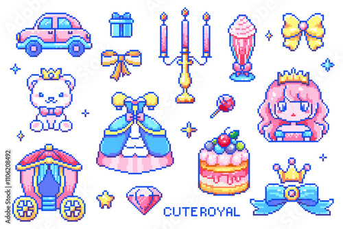 Pixel Art Princess Stickers Pack. Cute 8-bit Royal Themed Elements - princess, crown, carriage, dress, bear, cake, diamond, bows, retro gaming style