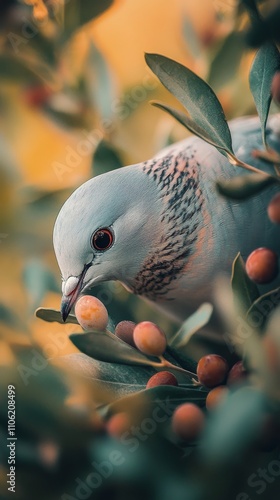 Close view of a dove foraging among ripe berries on a sunny afternoon in a ga...