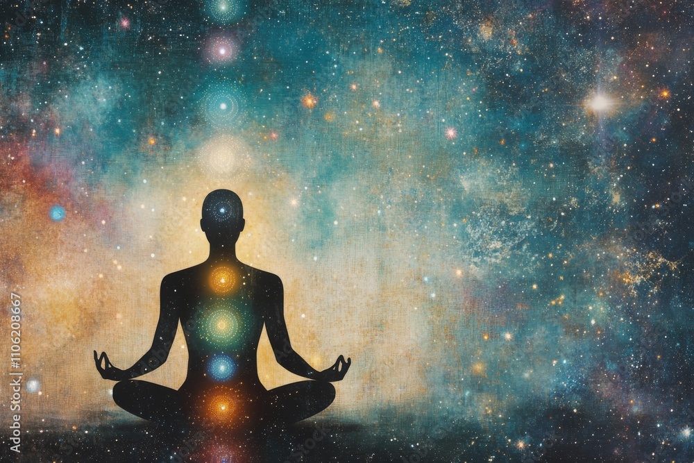 Meditating person surrounded by cosmic elements and chakra alignment in a tranquil setting Meditating person surrounded by cosmic elements and chakra alignment in a tranquil setting