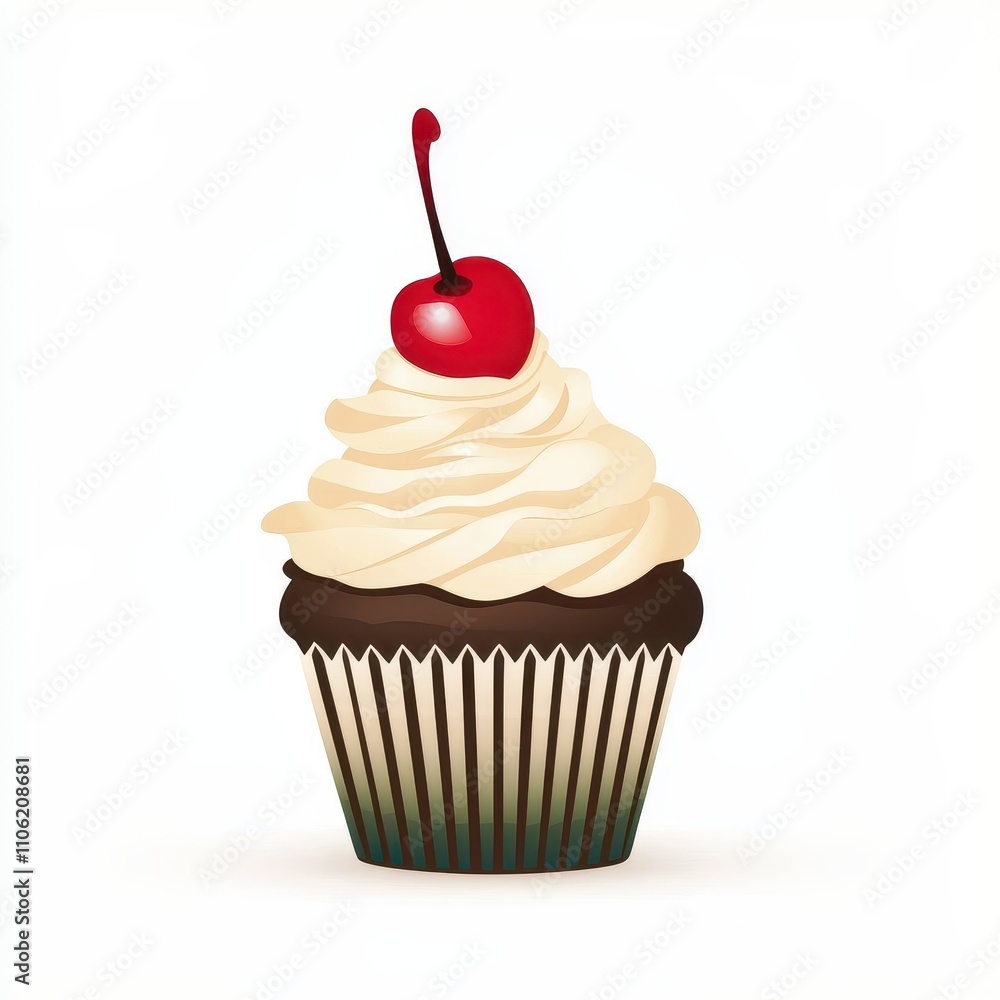Delicious Chocolate Cupcake with Swirls of Cream Frosting and Topped with a Red Cherry, Perfect for Any Celebration or Dessert Table Setting Delicious Chocolate Cupcake with Swirls of Cream Frosting and Topped with a Red Cherry, Perfect for Any Celebration or Dessert Table Setting