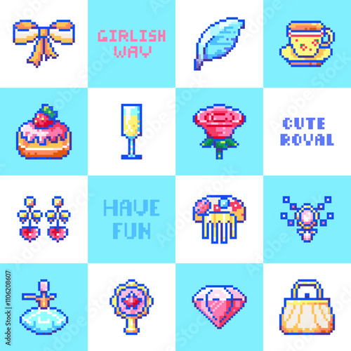 Pixel Art Grid: Cute Royal Accessories and Pastel Kawaii Elements like bow, rose, teacup, earrings, comb, feather, diamond, handbag, cupcake, and blue squares