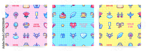 Seamless Pixel Art Patterns: Princess, Cute Royal Elements, and Accessories