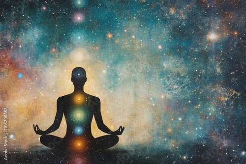 Meditating person surrounded by cosmic elements and chakra alignment in a tra...