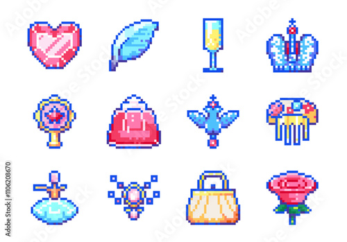 Cute royal pixel art icon set. Kawaii Princess and luxury accessories with crown, perfume, champagne flute glass, rose flower, mirror and heart jewel. Kawaii girly collection for fantasy decoration.