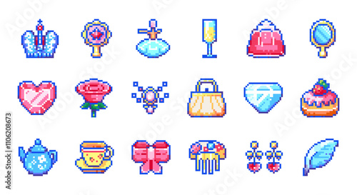 Pixel art cute noble princess icon set. Cute royal elements with crown, diamond, mirror, lady  dress, and accessories. Kawaii style illustration for girly design and noble majestic decoration.