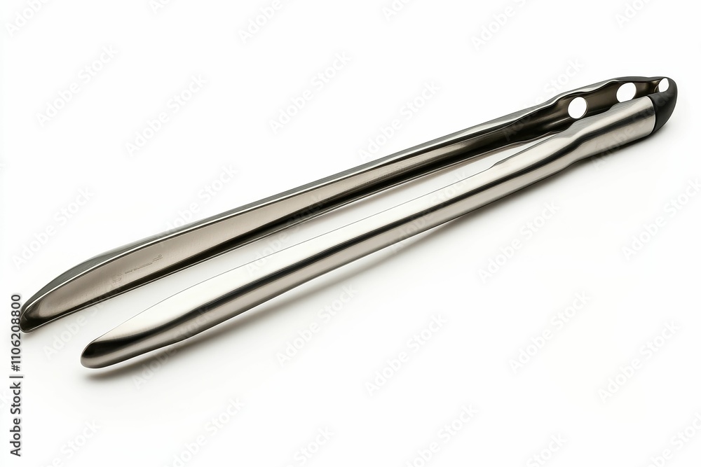 Sleek metal tongs, isolated, kitchen utensil. Sleek metal tongs, isolated, kitchen utensil.