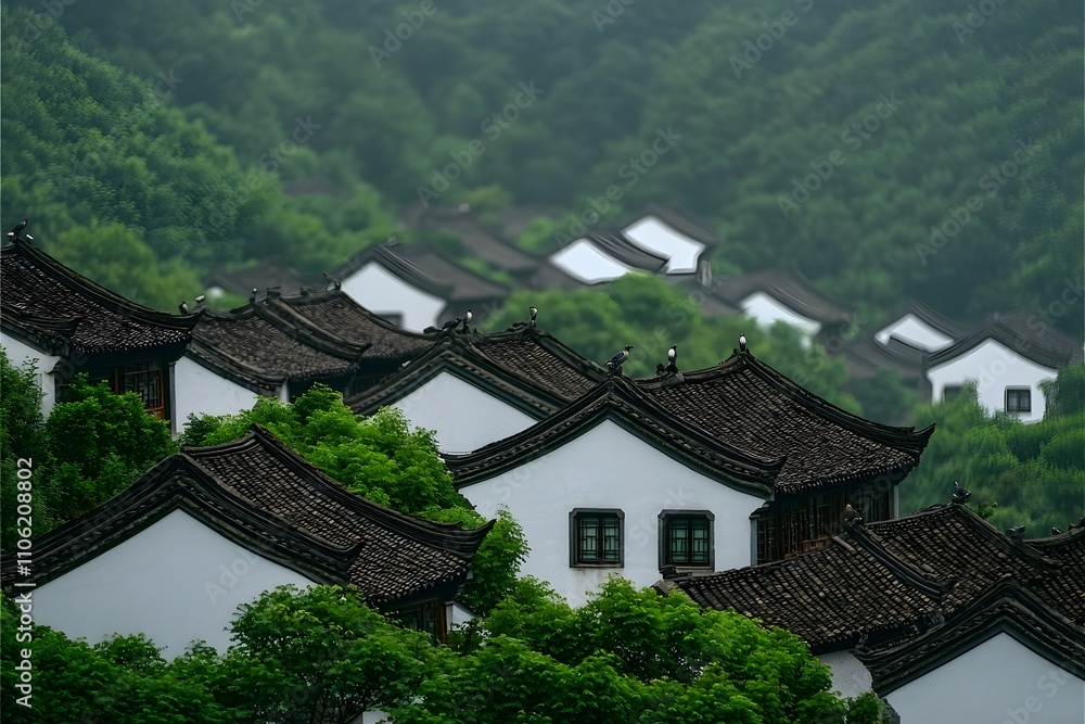 Old Chinese architecture featuring white walls and grey tiled roofs, showcasing traditional design with intricate details, curved eaves, and a serene, historic atmosphere Old Chinese architecture featuring white walls and grey tiled roofs, showcasing traditional design with intricate details, curved eaves, and a serene, historic atmosphere