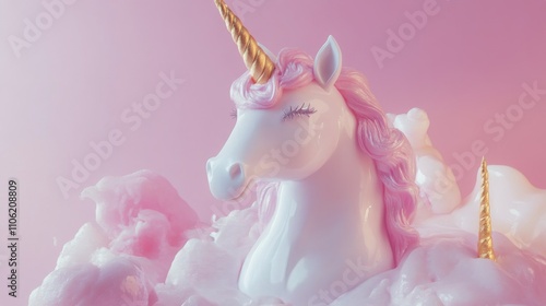 Soft unicorn resting on fluffy pink clouds with a dreamy pastel background du...
