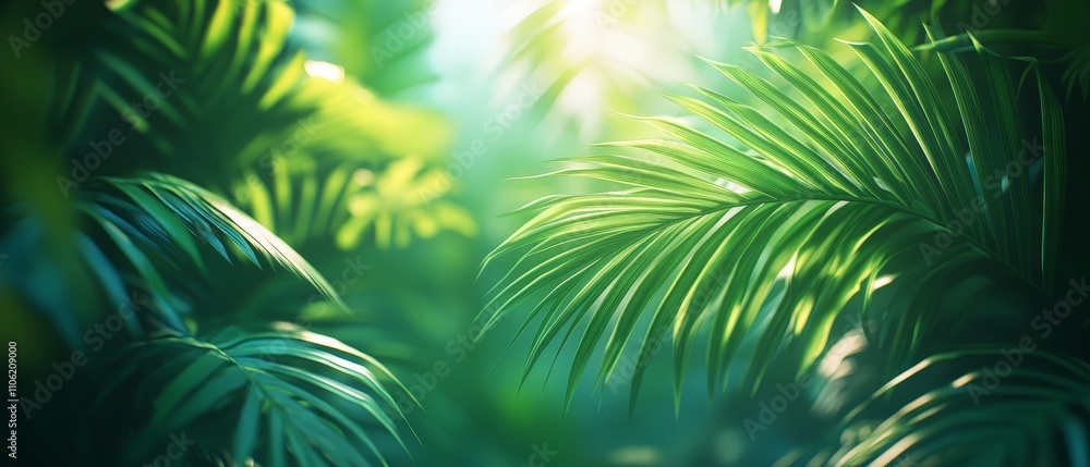 Lush green foliage illuminated by soft light, creating a serene jungle atmosphere. Lush green foliage illuminated by soft light, creating a serene jungle atmosphere.