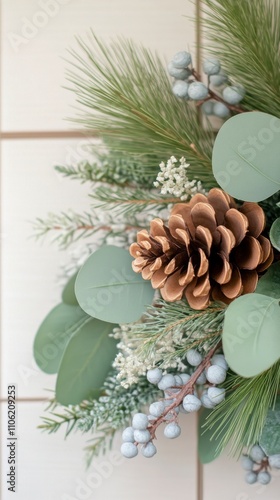 Decorative arrangement of pinecones and greenery for a festive celebration in...