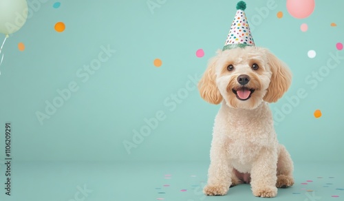 Cute dog wears party hat surrounded by colorful balloons and confetti for bir...