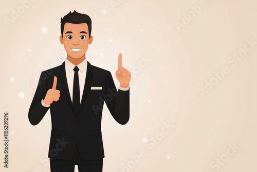 Young man in formal attire gesturing with a raised finger in modern interior ...