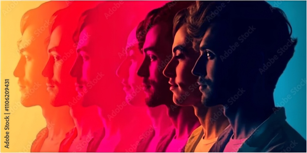 Fototapeta premium A stylized, artistic gradient portrait of multiple overlapping human profiles in vibrant hues of red, pink, and blue, showcasing diversity and creative expression..