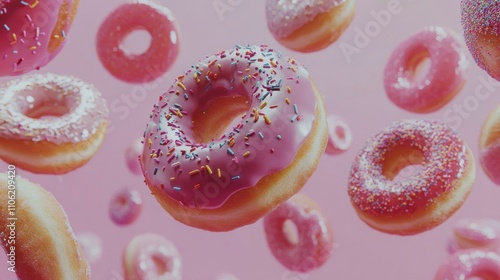 Colorful donuts floating against a pink background create a joyful and vibran...