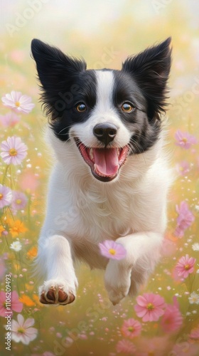 Happy dog jumps through colorful flower field in a joyful spring moment