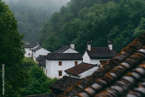 Old Chinese architecture featuring white walls and grey tiled roofs, showcasing traditional design with intricate details, curved eaves, and a serene, historic atmosphere