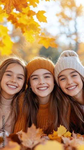 Three friends enjoy autumn in colorful sweaters under golden leaves