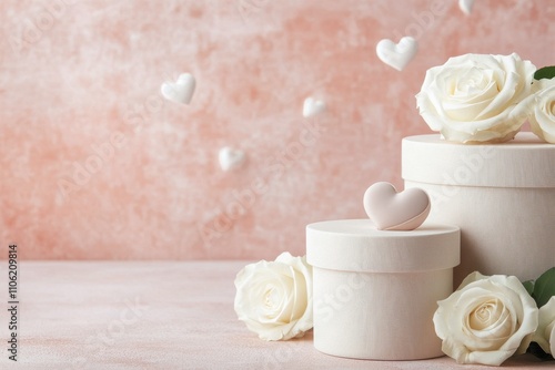 Romantic setting with pink gifts and white roses for a special celebration